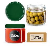 KADAX Lot de 20 bocaux à confiture avec couvercle à visser - 330 ml - Bocaux de conservation pour confitures, confitures, miel - Avec couvercle à visser (vert)