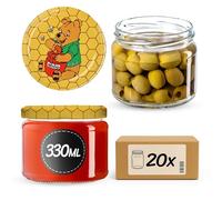 KADAX Lot de 20 bocaux à confiture avec couvercle à visser - 330 ml - Pour confitures, confitures, miel, bocaux avec bouchon à vis (Winnie ourson / 20 pièces)