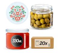 KADAX Lot de 20 bocaux à confiture en verre 330ml Ø82 Folklore - couvercle à vis hermétique, pour confitures, gelées, miel et conserves maison