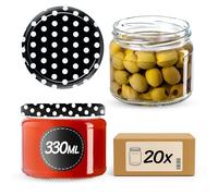 KADAX Lot de 20 bocaux à conserves avec couvercle à visser, pots à confiture 330ml, bocaux de conservation pour confitures, gelées, miel, verres avec couvercle à vis (noir à pois)