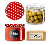 KADAX Lot de 20 bocaux à conserves avec couvercle vissé, pots à confiture 330 ml, bocaux de conservation pour confitures, gelées, miel, verres avec couvercle vissé (Rouge à pois)