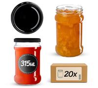KADAX Lot de 20 bocaux de conservation 315 ml avec couvercle à vis de 66 mm pour miel, dessert, confiture | Bocaux hermétiques, bocal de mise en conserve, bocaux ronds, bocaux à confiture, pots à miel