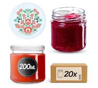 KADAX Lot de 20 petits bocaux à confiture, ronds, 200 ml, diamètre : 66 mm, pour miel et épices, bocaux hermétiques, pots de conservation (folklore)