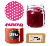KADAX Lot de 20 petits bocaux à confiture, ronds, 200 ml, diamètre : 66 mm, pour miel et épices, bocaux hermétiques, pots de conservation (à pois roses)