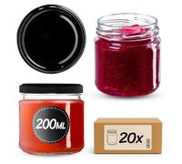 KADAX Lot de 20 petits bocaux à confiture, ronds, 200 ml, diamètre : 66 mm, pour miel et épices, hermétiques, noirs