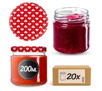 KADAX Pots à conserves avec couvercle "Lerma", Pots à conserves, 200 ml, Couvercle avec coeurs rouges, 20 pièces