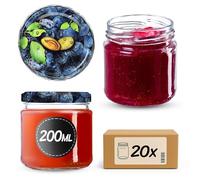 KADAX Lot de 20 petits pots de confiture 200 ml Fi66 mm pour miel et épices, pots hermétiques, bocaux hermétiques, bocaux, pots de conserve, verres ronds (pruneaux)