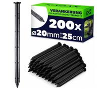KADAX Lot de 200 Piquets d'ancrage au Sol, 25 cm, Ancres de Sol en Plastique, Clous de Terre, Fixations avec Bosses, piquets d'ancrage en Plastique pour clôtures et Treillis de Gazon (Noir, Rond)