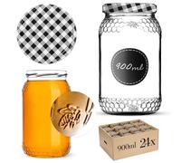 KADAX Lot de 24 bocaux à miel, 900 ml, avec couvercle à visser fi82 mm, pour miel, pots à confiture, bocaux à vis, noirs à carreaux