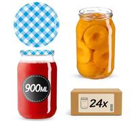 KADAX Lot de 24 bocaux de conservation en verre pour couvercle à visser - 900 ml - Utilisable comme pot à confiture - Bocaux de conservation - Bleu à carreaux, K5198