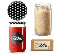 KADAX Lot de 24 bocaux de conserve 720 ml avec couvercle à visser fi82 mm pour mise en conserve, conserves, conservation et préparation des repas - Bocaux hermétiques Twist-off (Noir à pois / 24