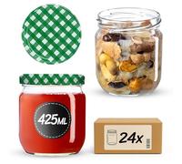 KADAX Lot de 24 pots à confiture en verre avec couvercle à visser, 425 ml, pour confitures, confitures, miel (vert à carreaux)