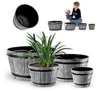 KADAX Lot de 3 - Ø30, 40, 50 cm - Pot de Fleurs décoratif au Design tonneau, Plastique Aspect Bois (Gris Clair)