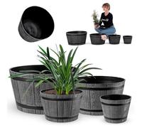 KADAX Lot de 3 - Ø30, 40, 50 cm - Pot de Fleurs décoratif au Design tonneau, Plastique Aspect Bois (Gris foncé)