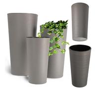 KADAX Lot de 3 Cache-Pots décoratifs Gris H 36,8/47 / 57,5 cm, Plastique avec éclats de Bois, Insert Amovible - Pots pour Salon, terrasse ou Bureau