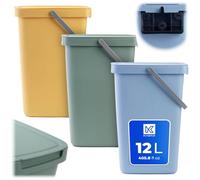 KADAX Lot de 3 poubelles de 12 l, en plastique, avec couvercle et poignée, pour le tri des déchets, avec couvercle à charnière (vert, jaune, bleu)