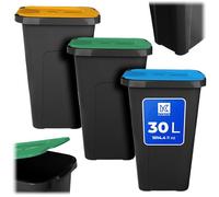 KADAX Lot de 3 poubelles de 30 l, pour système de tri des déchets, en plastique, avec couvercle à charnière (vert, jaune, bleu)