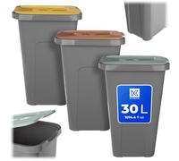 KADAX Lot de 3 poubelles de 30 l pour système de tri des déchets, en plastique, avec couvercle à charnière (marron, vert, jaune)