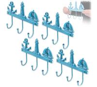 KADAX Lot de 4 crochets maritimes en fonte - Porte-manteau mural avec 3 crochets - Pour salle de bain et maison de plage - Porte-manteau mural (bleu)