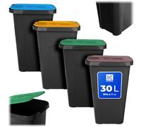 KADAX Lot de 4 poubelles de 30 l pour système de tri des déchets, en plastique, avec couvercle à charnière (marron, vert, jaune, bleu)