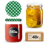 KADAX Lot de 48 bocaux à confiture avec couvercle à visser - 540 ml - Avec couvercle à visser - Bocaux de conservation pour concombres - Vert à carreaux
