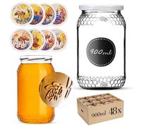 KADAX Lot de 48 bocaux à miel, 900 ml, avec couvercle à visser fi82 mm, pour miel, pots à confiture, verres à vis, motif d'abeille multicolore