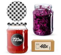 KADAX Lot de 48 bocaux de conservation de 720 ml, idéaux pour la conservation et le rangement, bocaux avec couvercle à visser, Twist Off to 82, bocaux de conservation à insérer (carreaux noirs)