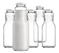 KADAX Lot de 5 bouteilles de lait en verre avec bouchon à vis, 1 l, vides, à large ouverture pour remplir le lait, avec couvercle, en verre