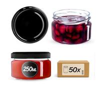 KADAX Lot de 50 bocaux à confiture, 250 ml, avec couvercle Twist-Off fi82, hermétiques et lavables au lave-vaisselle, en verre épais, choix de bouchons à vis, noirs