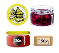 KADAX Lot de 50 bocaux à confiture, 250 ml, avec couvercle Twist-Off fi82, hermétiques et lavables au lave-vaisselle, en verre épais, choix de bouchons à vis (ruche)