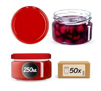 KADAX Lot de 50 bocaux à confiture avec couvercle Twist-Off fi82 - 250 ml - Hermétiques et lavables au lave-vaisselle - En verre épais - Choix de bouchons à vis (rouge)