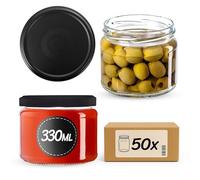 KADAX Lot de 50 bocaux à confiture de 330 ml avec couvercle à visser pour confiture, miel et confiture, bocaux de conservation en verre avec couvercles (noir mat)