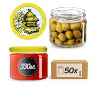 KADAX Lot de 50 bocaux à conserves avec couvercle à visser, pots à confiture 330 ml, bocaux de conservation pour confitures, gelées, miel, bocaux avec couvercle à vis (Ruché d'abeille)