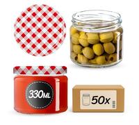 KADAX Lot de 50 bocaux à conserves avec couvercle vissé, pots à confiture 330ml, bocaux de conservation pour confitures, gelées, miel, bocaux avec couvercle vissé (motif damier rouge)
