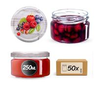 KADAX Lot de 50 bocaux de conservation de 250 ml avec couvercle à visser de 82 mm de diamètre, bocaux à dessert, pots à confiture, hermétiques et passent au lave-vaisselle, en verre épais, framboises