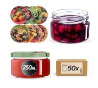 KADAX Lot de 50 petits bocaux à confiture avec couvercles hermétiques - 250 ml - Idéaux comme cadeau - Pour miel et épices (fruits exotiques)