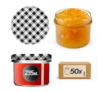 KADAX Lot de 50 petits bocaux de conservation 235 ml, verres fi82, mini bocaux pour miel et épices, bocaux à confiture avec couvercle, bocaux hermétiques à offrir (carreaux noirs)