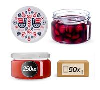 KADAX Lot de 50 petits pots à confiture avec couvercles hermétiques - 250 ml - Idéaux comme cadeau - Motif folklore I
