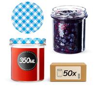 KADAX Lot de 50 pots à confiture 350 ml, avec couvercle à visser, pots à miel, pots de conservation pour champignons, confitures, miel (carreaux bleus)
