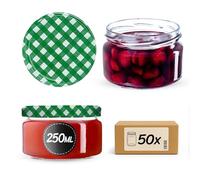 KADAX Lot de 50 pots à confiture de 250 ml avec couvercle à visser Ø 82 mm à carreaux verts - hermétiques, lavables au lave-vaisselle, idéaux pour confiture, chutneys, légumes marinés, viande, pâtés