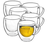 KADAX Lot de 6 tasses en verre à double paroi - 250 ml - Avec large poignée - Pour jus, thé, café, cappuccino, eau, thé glacé, glace