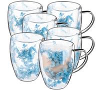 KADAX Lot de 6 verres à café à double paroi - 350 ml - Verres isothermes pour thé et café - Verres à thé en verre borosilicate - Tasse à café avec fleurs séchées - Bleu