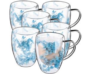 KADAX Lot de 6 verres à café à double paroi - 350 ml - Verres isothermes pour thé et café - Verres à thé en verre borosilicate - Tasse à café avec fleurs séchées - Bleu