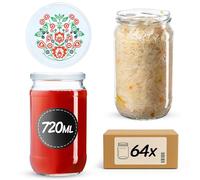 KADAX Lot de 64 Grands bocaux en Verre 720ml Ø82 Folklore - Couvercle à vis hermétique, pour conserves, cornichons, légumes lacto-fermentés et confitures Maison