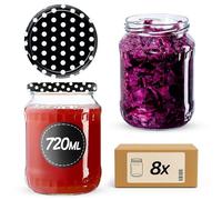 KADAX Lot de 8 bocaux à confiture 720 ml avec couvercle à visser avec bouchon à vis (pois noirs)