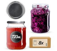 KADAX Lot de 8 bocaux à confiture 720 ml avec couvercle à visser - Avec bouchon à vis - Verres à confiture - Bocaux de conservation - Argentés K7224 9.5x9.5x13.2