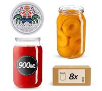 KADAX - Lot de 8 bocaux de conservation - 900 ml - Avec couvercle à visser fi82 mm - Grands bocaux avec couvercle Twist Off - Pour les concombres et les conserves (coqs)