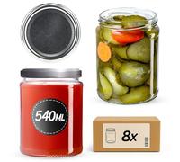 KADAX Lot de 8 bocaux de conserve, ronds, 540 ml, avec couvercle à visser motif « argent », pour conserver, conserver ou conserver des confitures, des fruits et des légumes
