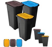 KADAX Lot de poubelles pour la collecte des déchets, 3 x 30 L, lot de poubelles pour système de collecte sélective, poubelle en plastique avec couvercle basculant (3, marron, jaune et bleu)