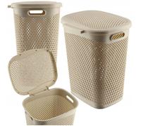 KADAX Panier à linge en plastique léger - Panier à linge en plastique - Perméable à l'air - Avec couvercle - Beige